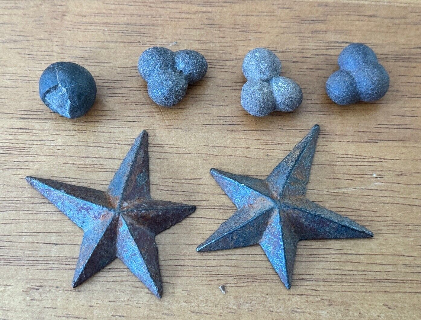 2 Antique Cast Iron Miniature Stars and Unusual Natural Stones or Rocks
