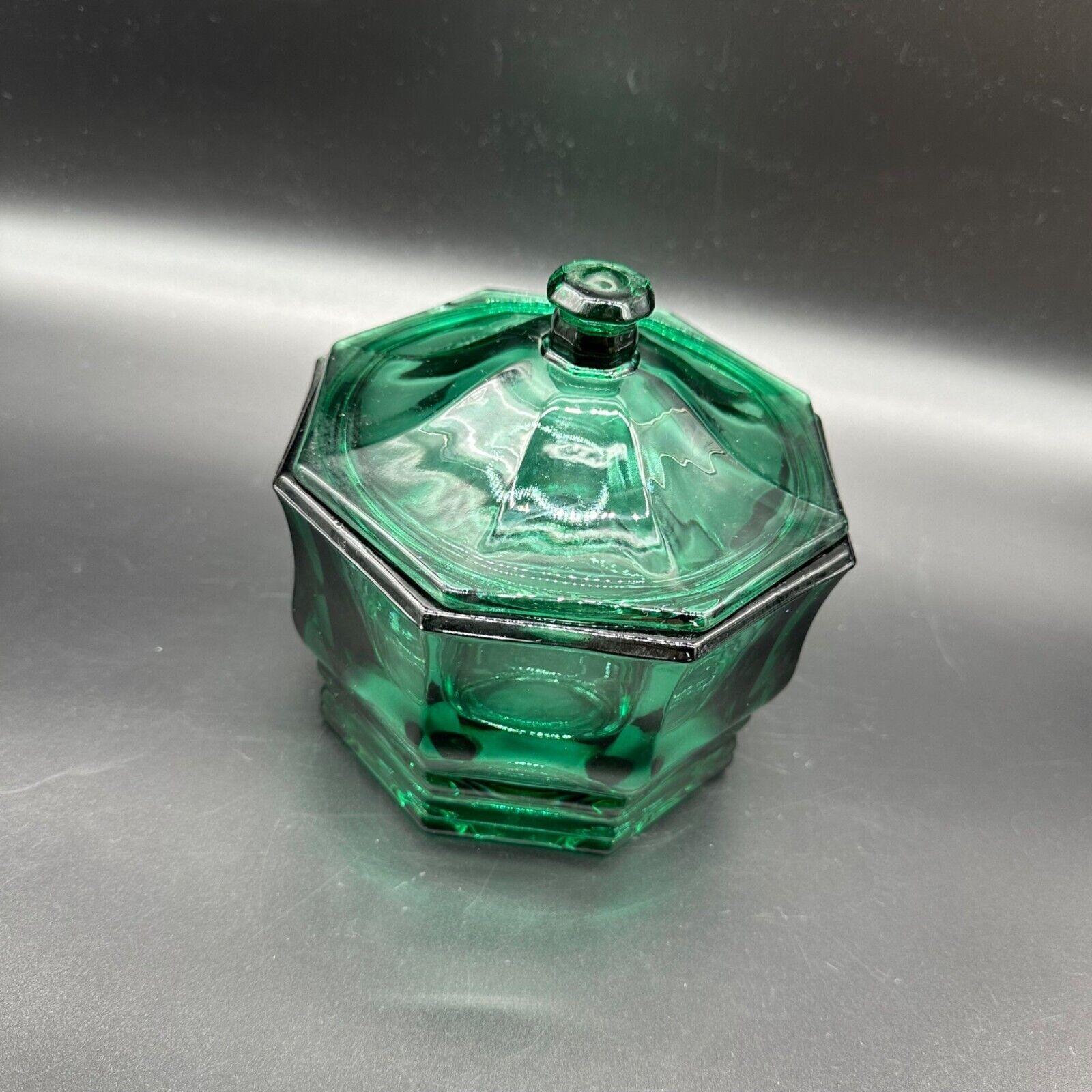 Indiana Glass Emerald Teal Green Concord Octogon Candy Jar With Lid Vintage
