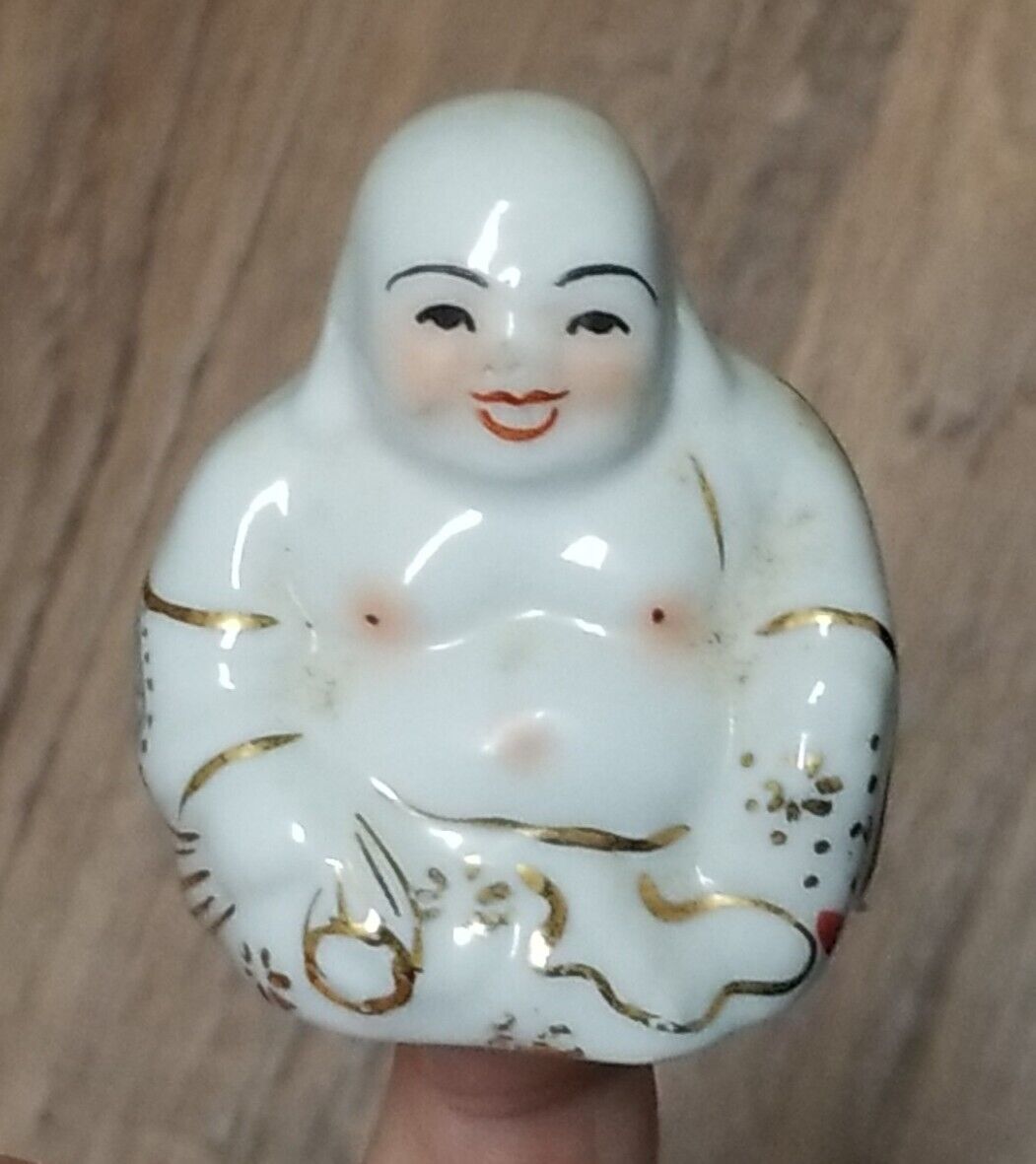Vtg Chinese Hand Painted Porcelain Laughing Buddha Figurine Gold Accent 2” Tall