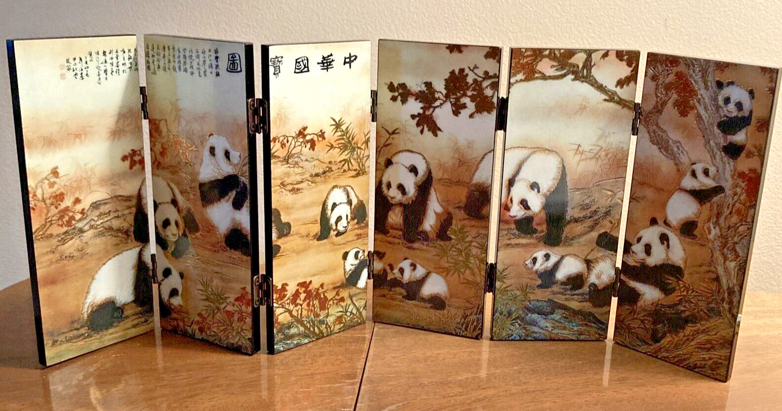 Chinese Great Panda Lacquered Double Sided 6 Paneled Screen NIB