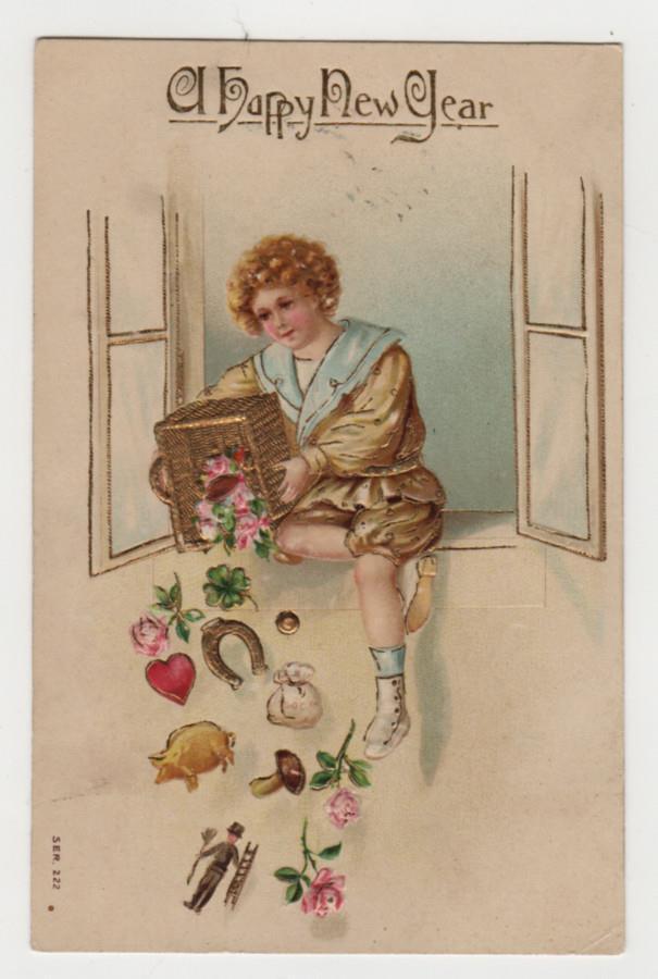 A Happy New Year. Embossed Post Card. Fancy Dressed Child / Horseshoe / Clover