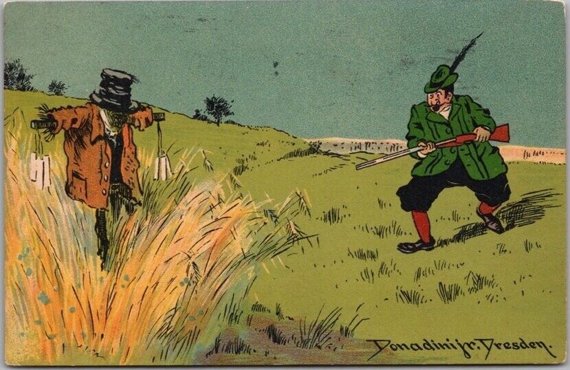 1907 HUNTING Comic Postcard Hunter / Scarecrow Artist Signed \