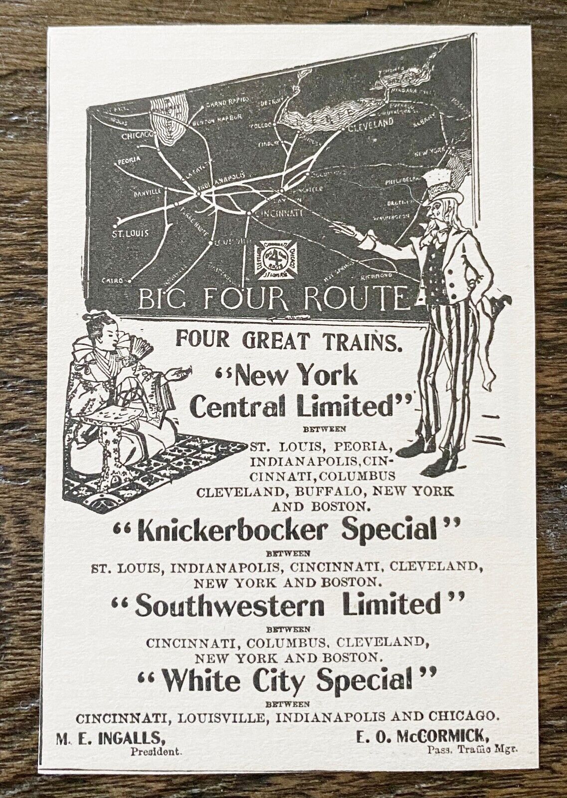 1897 BIG FOUR ROUTE Vtg Railroad Print Ad w/Uncle Sam Chalkboard Map Geisha Girl
