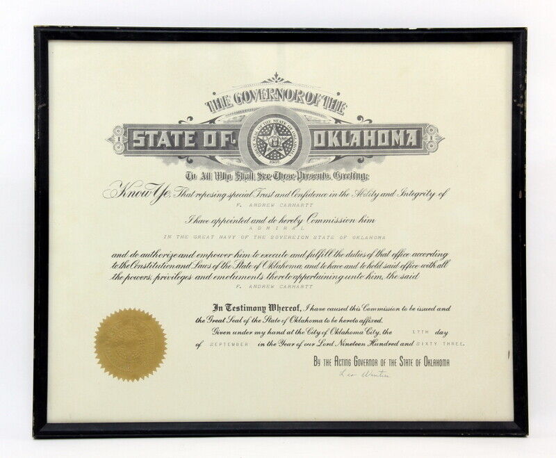 1963 Vintage Framed Admiral of the Navy State of Oklahoma Certificate Ephemera