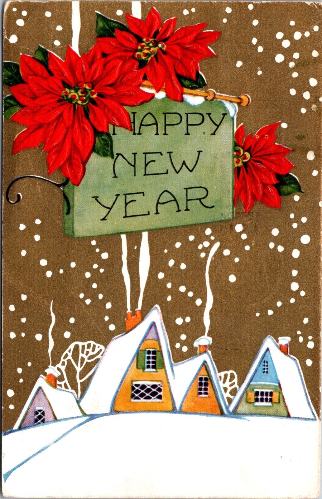 Happy New Year Postcard Snow Covered Houses Smoke From Chimney Poinsettia