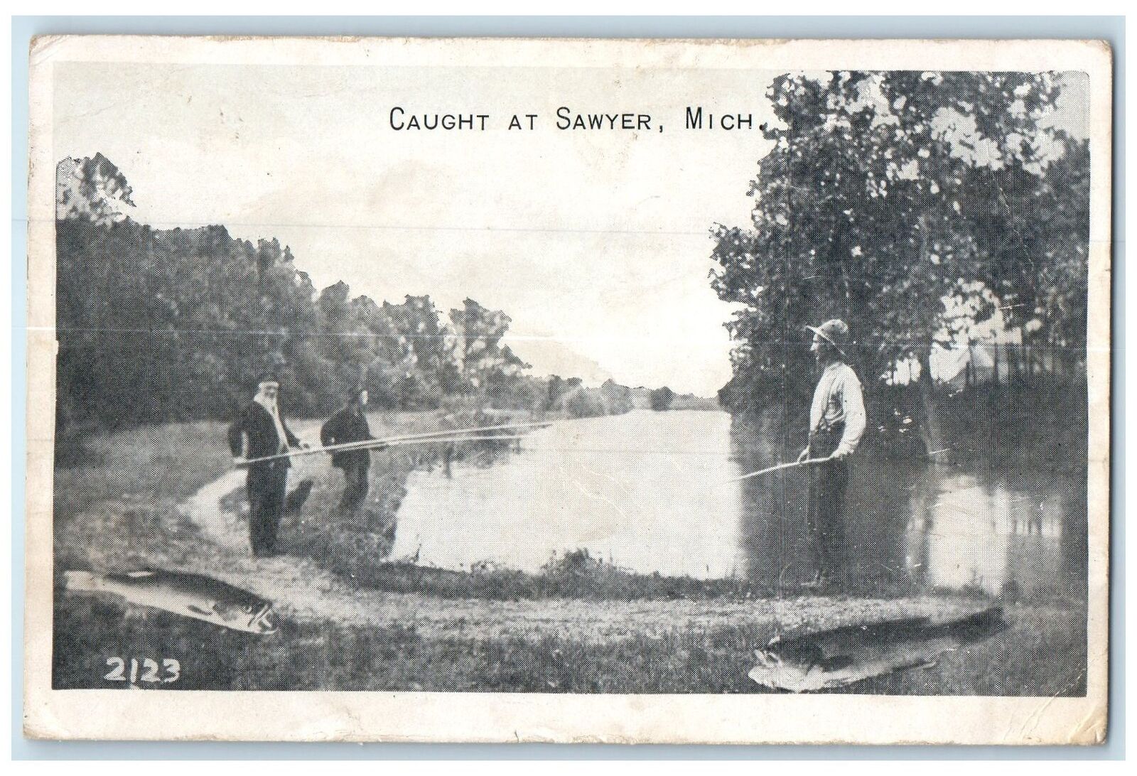1917 Exaggerated Fish Caught Group Of Fisherman Fishing Sawyer Michigan Postcard