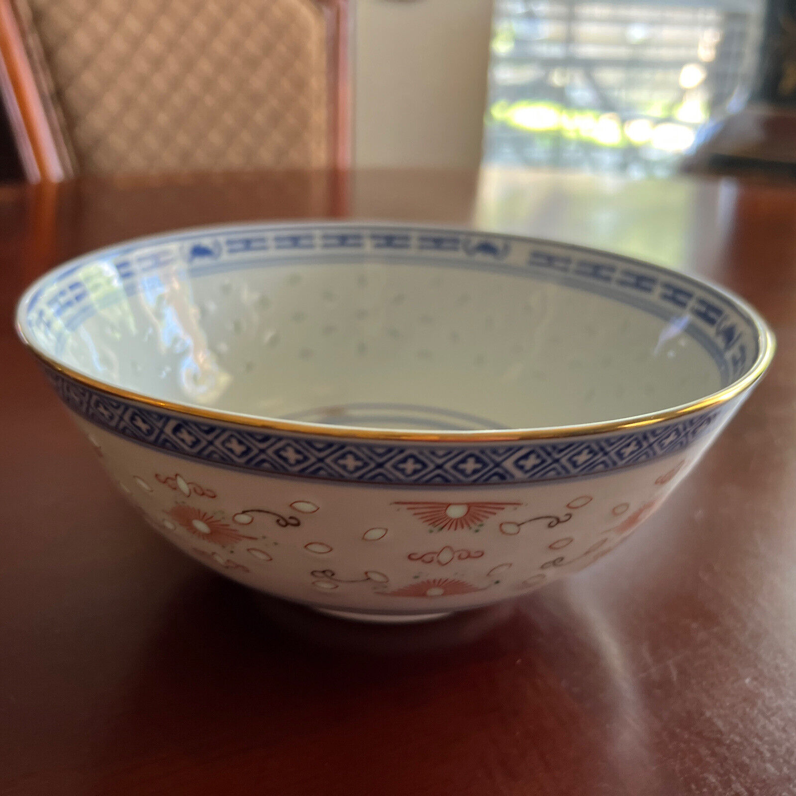 Vtg Jingdezhen Chinese Porcelain Oriental Blue rice grain pattern Bowl 8”x3 3/8”
