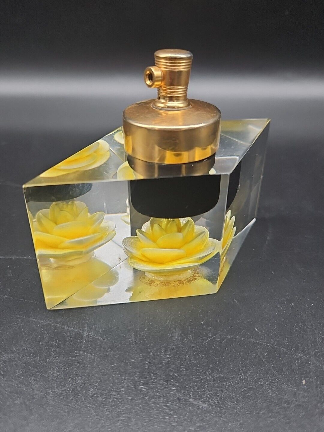 Vintage Evans Lucite Perfume Bottle Yellow Flower 3.5\