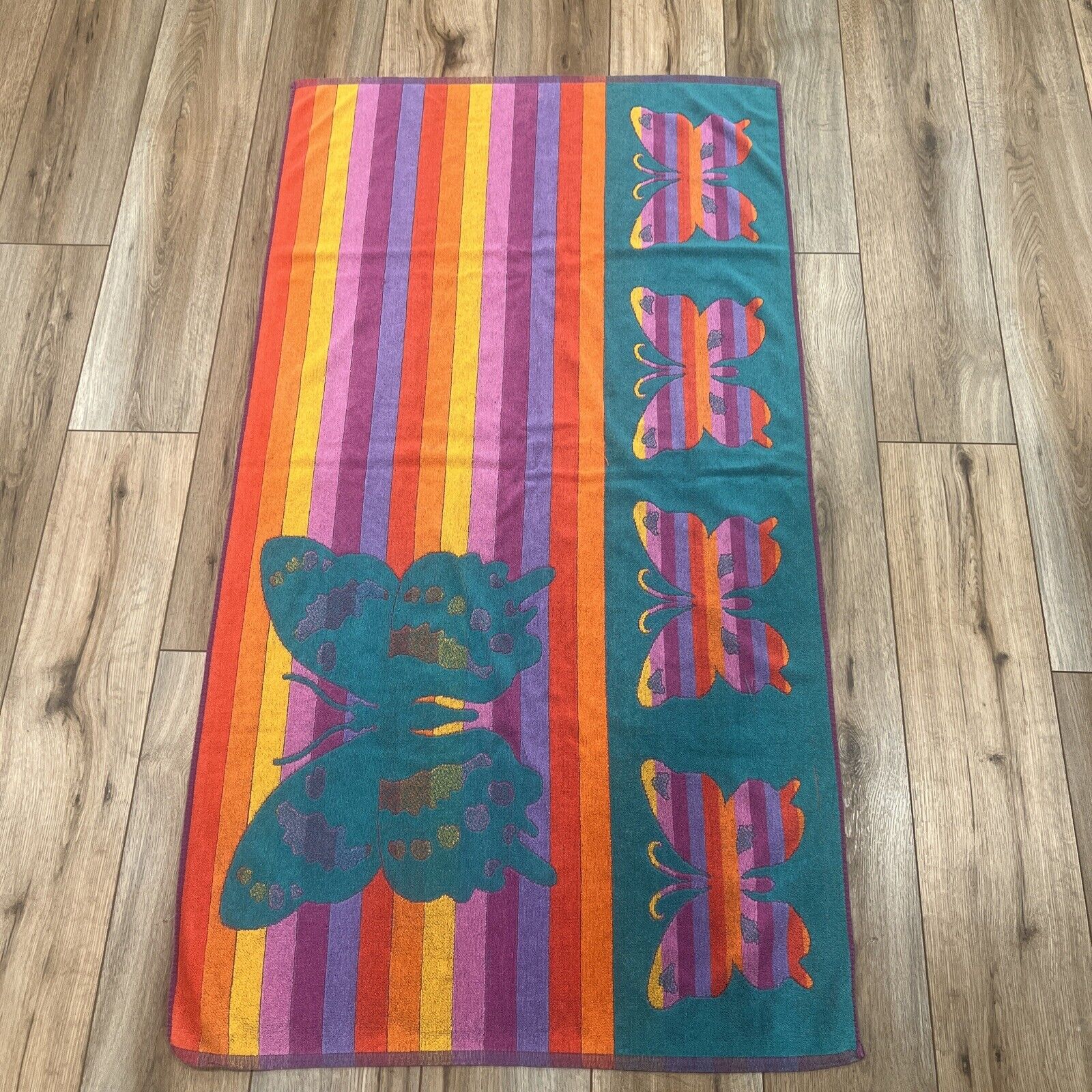 Vintage Beach Towel 70s 80s Butterfly Rainbow Stripes Summer Vibes Reversible