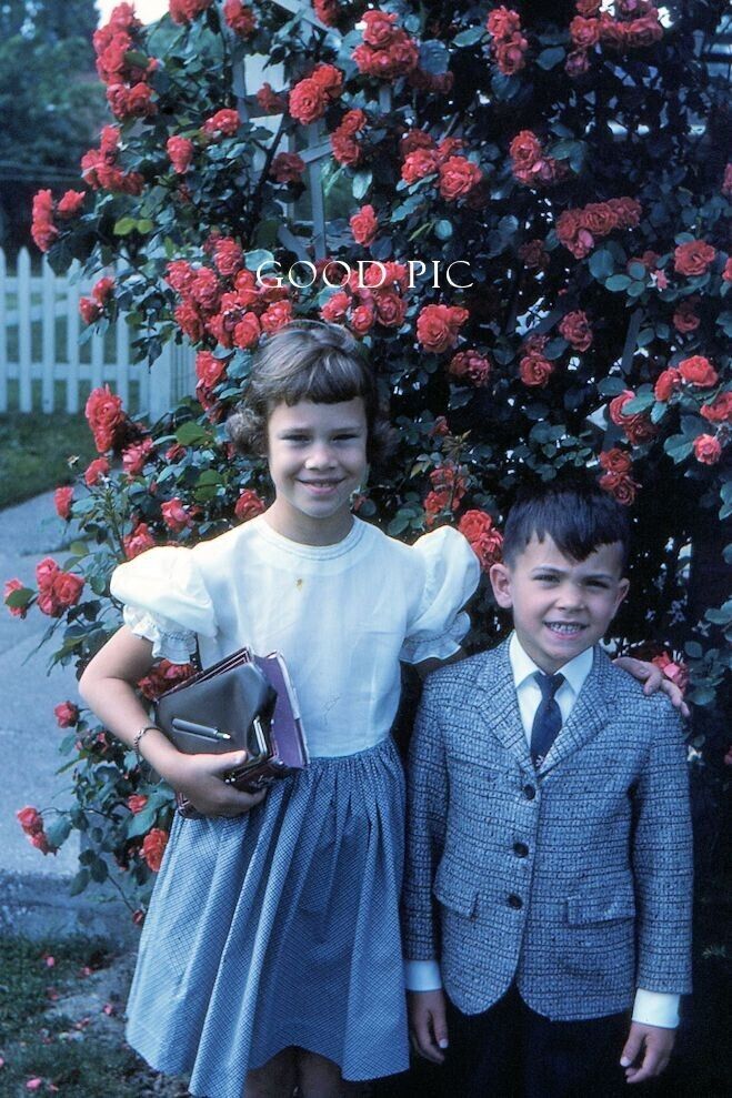 #SM20-Vintage 35mm Slide Photo- Boy and Girl by Roses- 1959