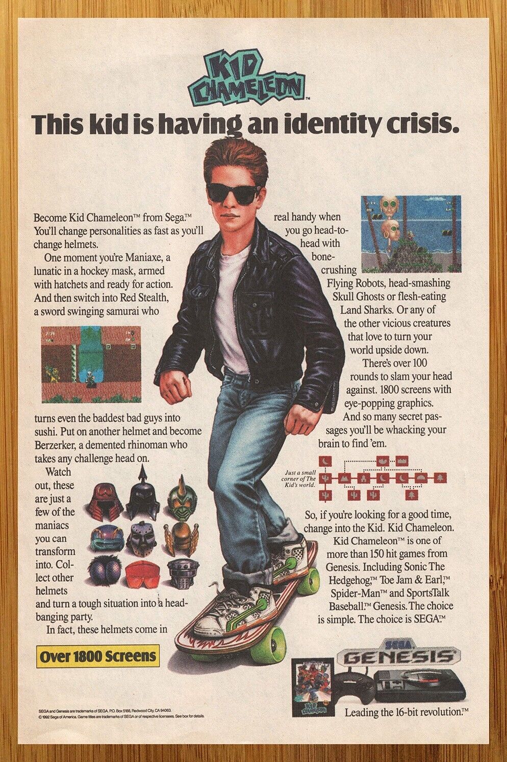 1992 Kid Chameleon Sega Genesis Vintage Print Ad/Poster Video Game Promo Art 90s