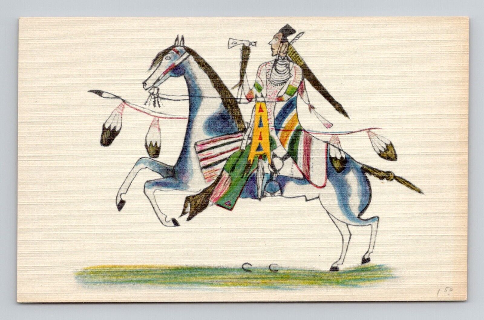 Postcard Blackfoot Warrior Art Native American New York, Vintage Linen N6