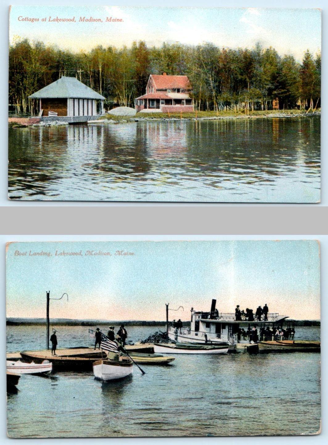 2 Postcards MADISON, Maine ME ~ Cottages at LAKEWOOD Boat Landing c1910s