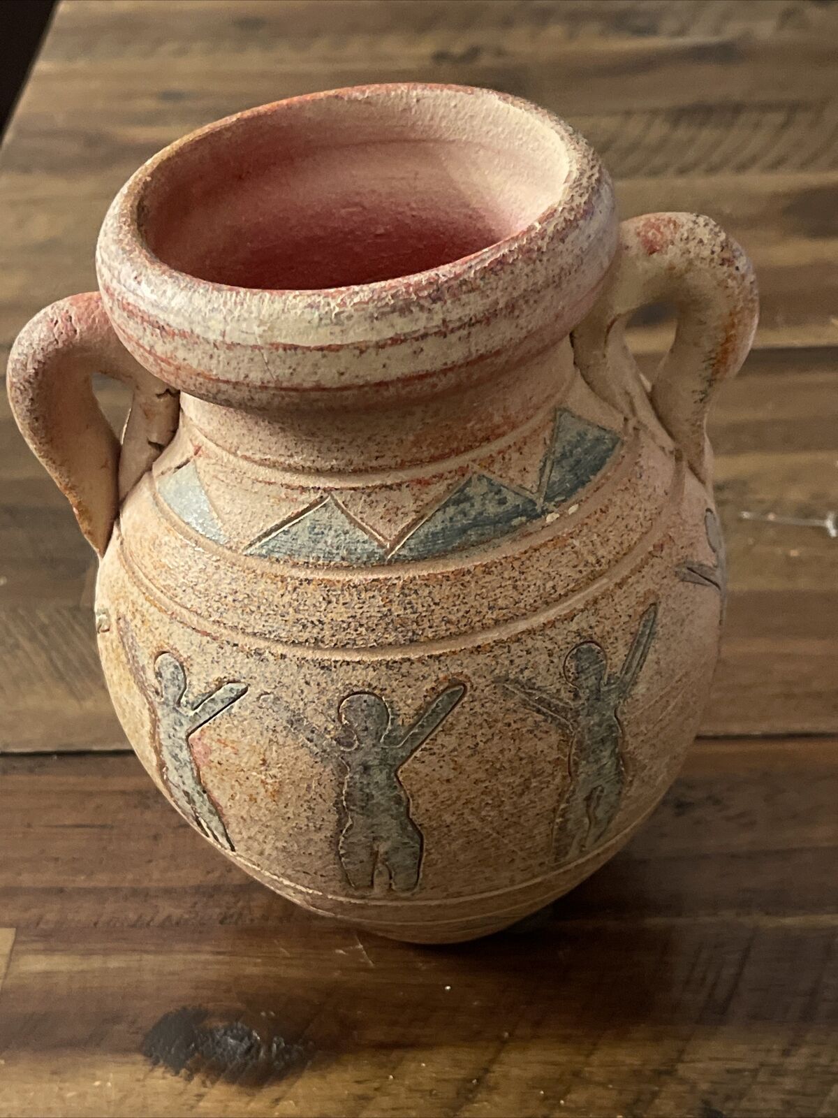 Jug or vase Mexico or new mexico Rustic Clay Mayan Themed Motif Sculpted 7”