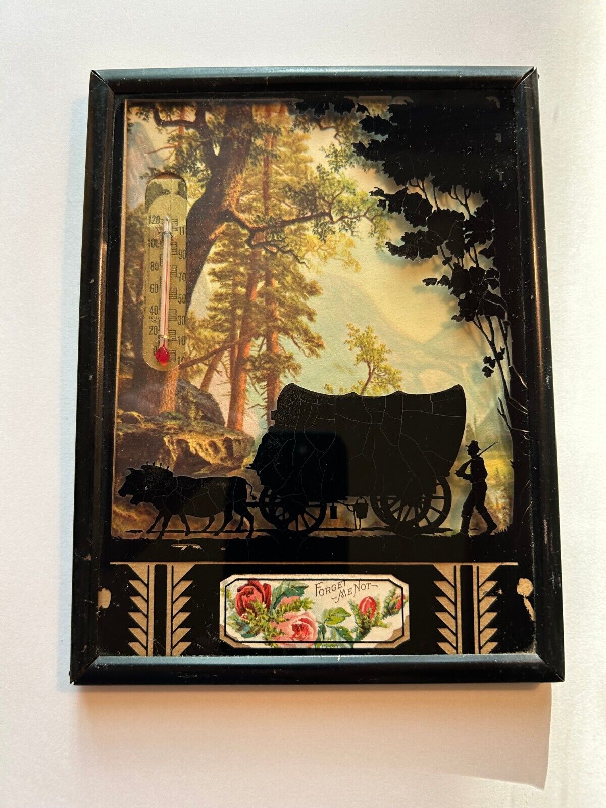 Conestoga, Oxen Thermometer Forget Me Not Oregon Trail 3D Framed Silhouette VTG