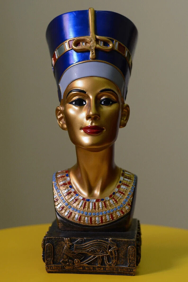 Statue of Egyptian art Queen Nefertiti Bust large hand painted gold blue Egypt