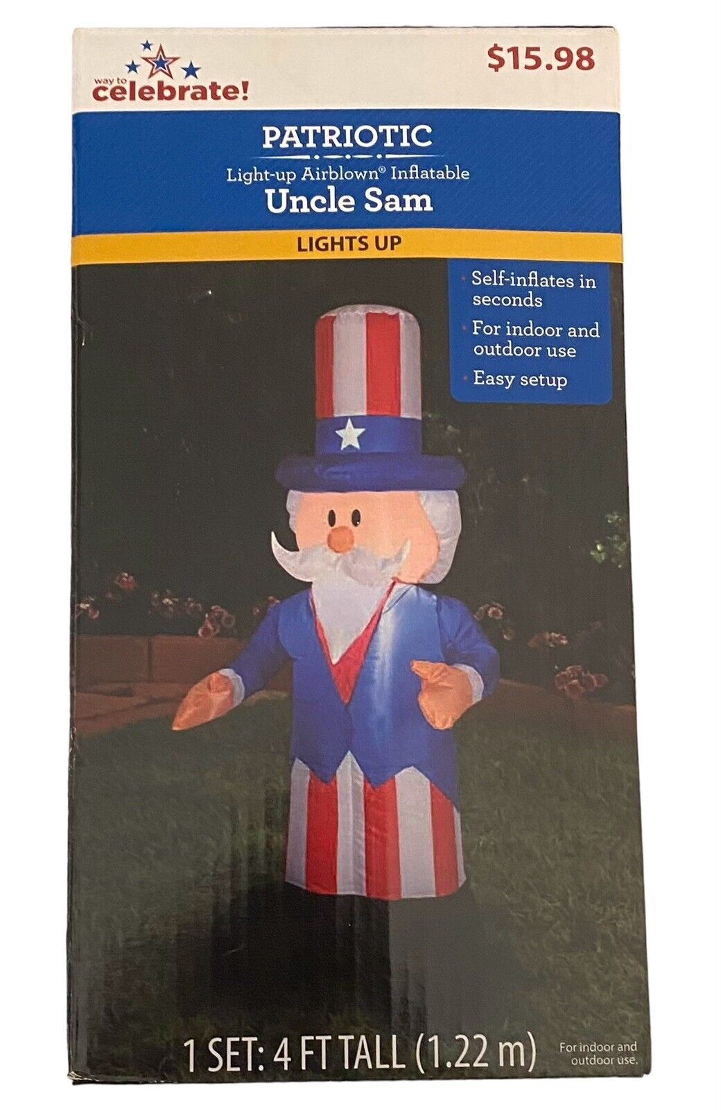 Celebrate Patriotic Light Up Air Blown Inflatable Uncle Sam 4 FT Brand NEW