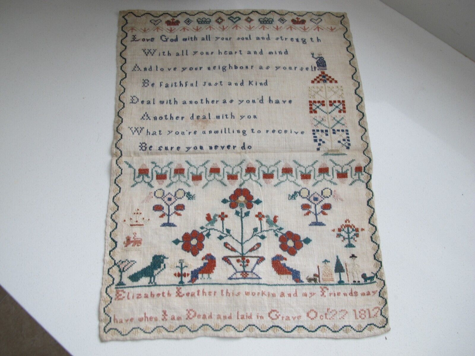 Fantastic Early 19th Century English Antique House & Verse Sampler Dated 1812