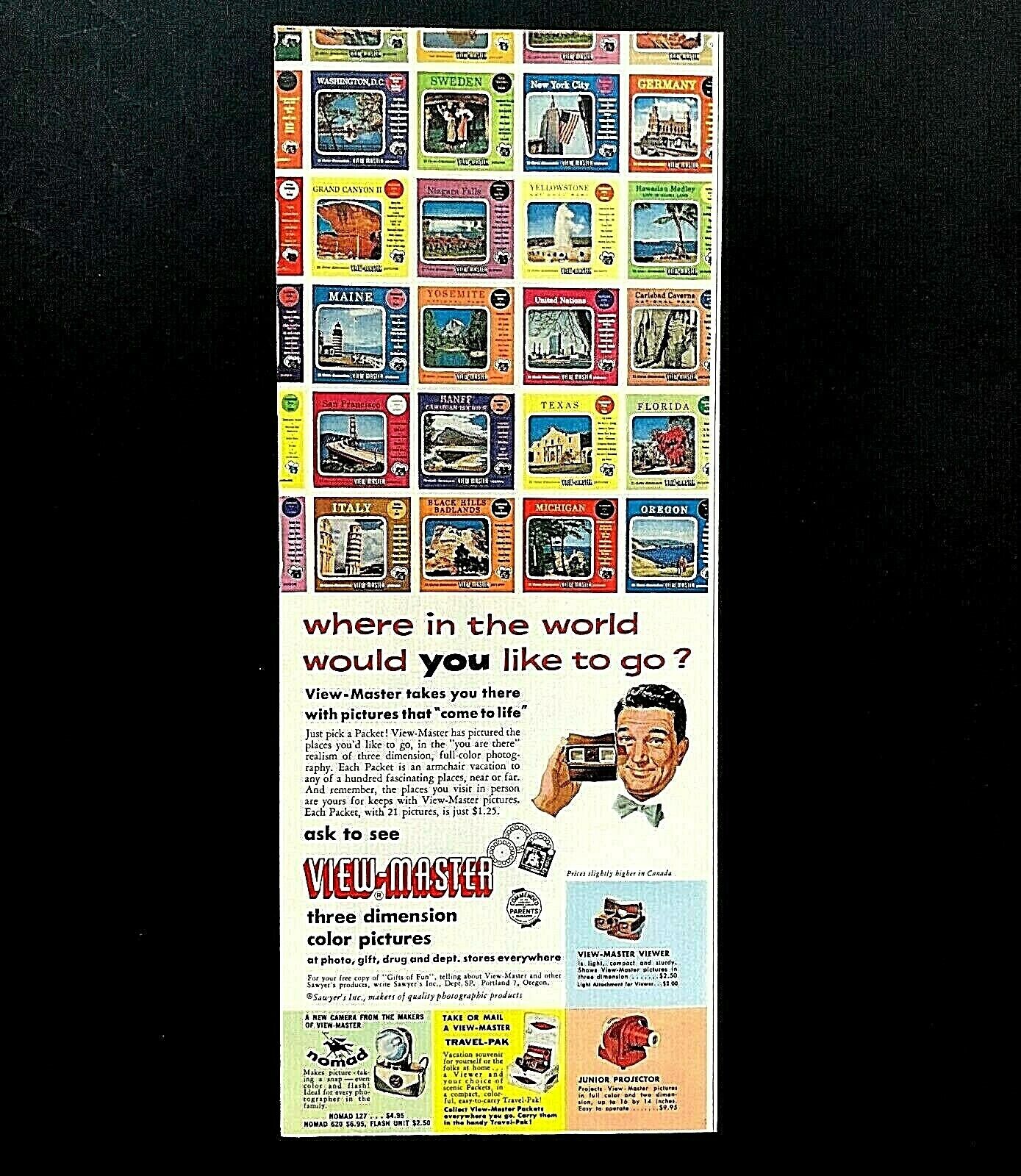 1957 View Master Advertisement World Travel Packets Viewer Vintage Print AD