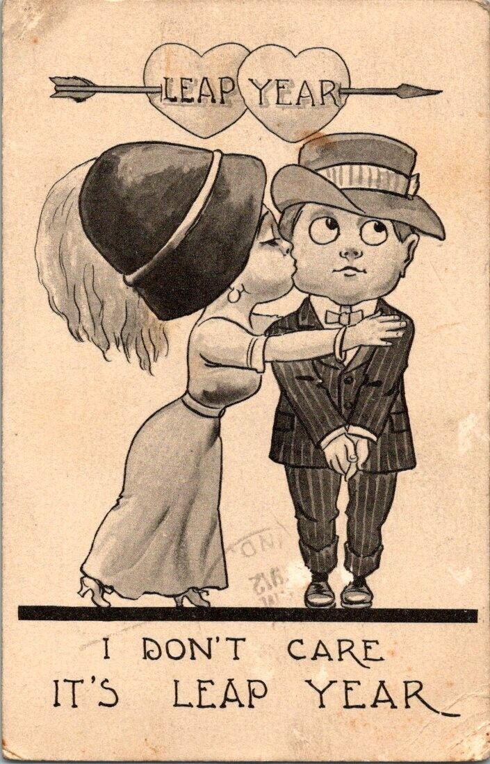 vintage postcard- LEAP YEAR I DON'T CARE IT'S LEAP YEAR romantic posted 1912