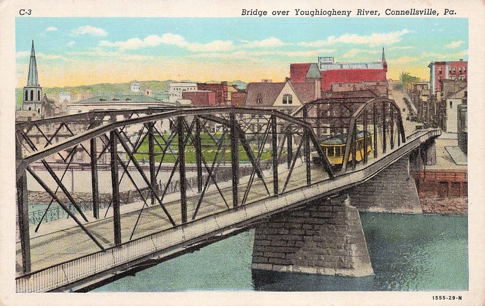 Connellsville PA Crawford Ave Bridge Trolley Downtown Skyline Vtg Postcard E12