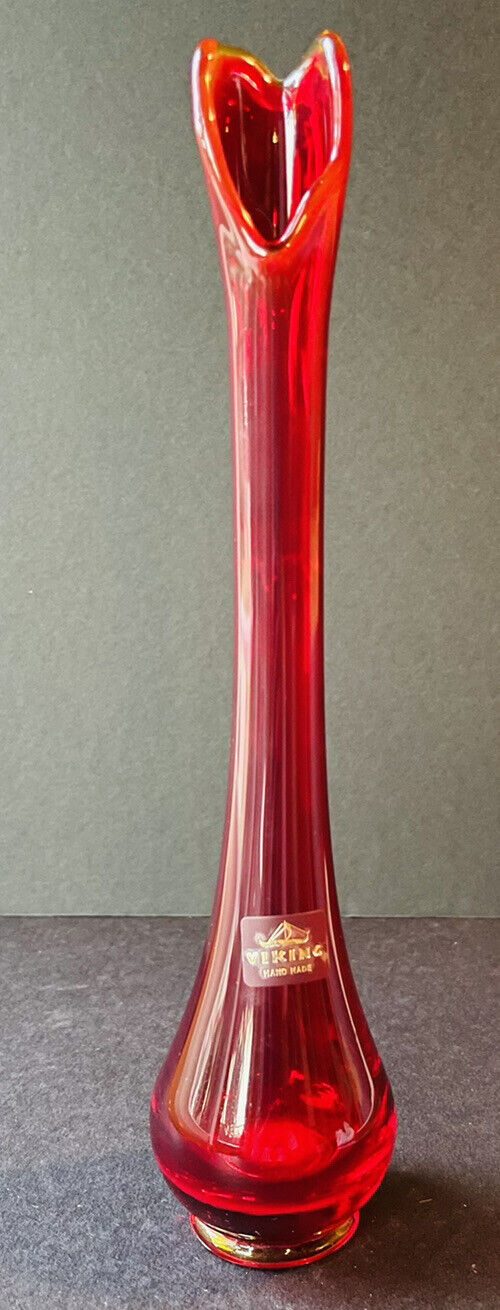 Viking Ruby Red Bud Vase Amberina Glass 11.25” Heart Shape Opening Vintage
