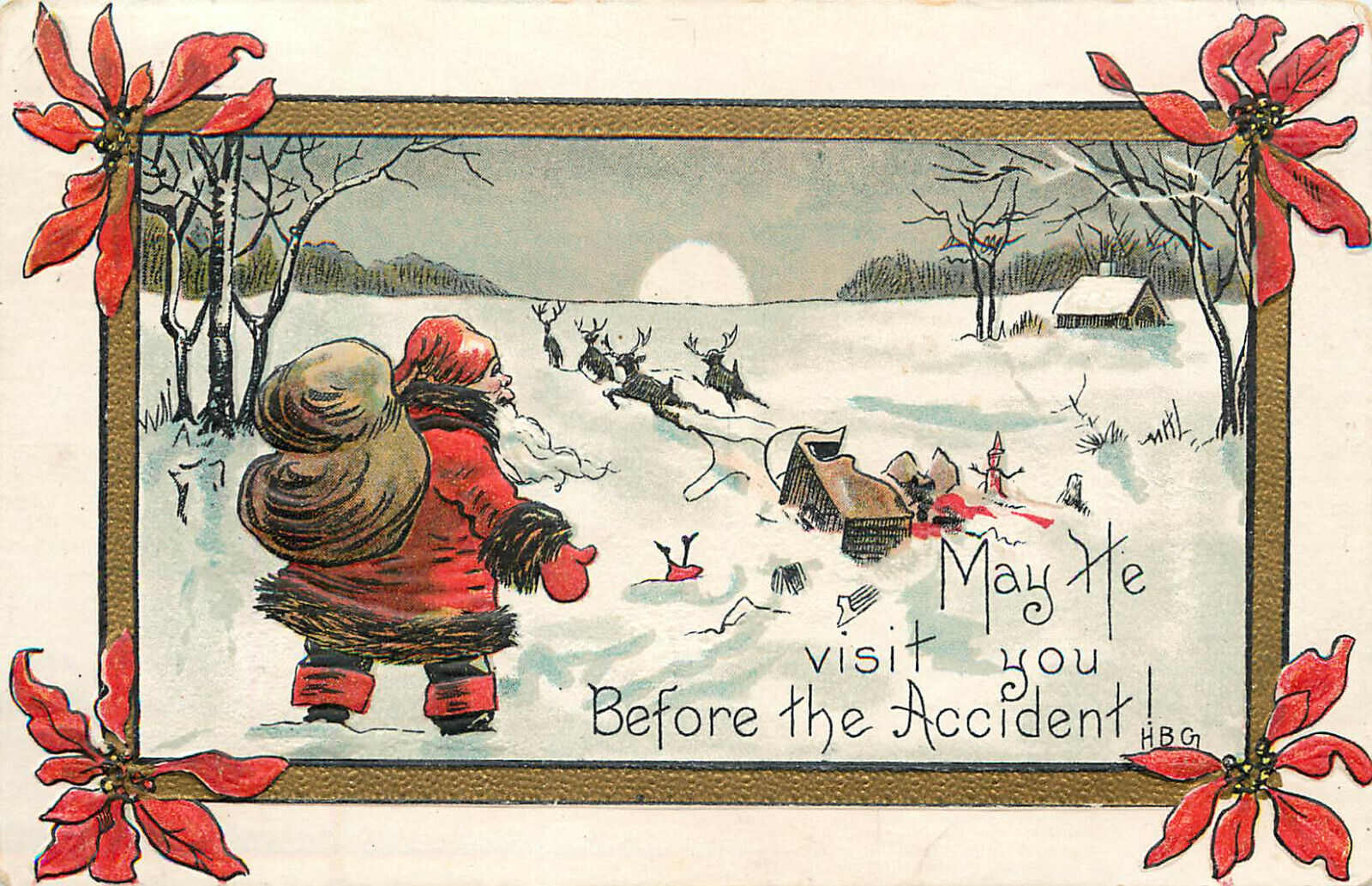 Embossed Santa Claus Christmas Postcard Sleigh Accident S/A HBG L & E 2275