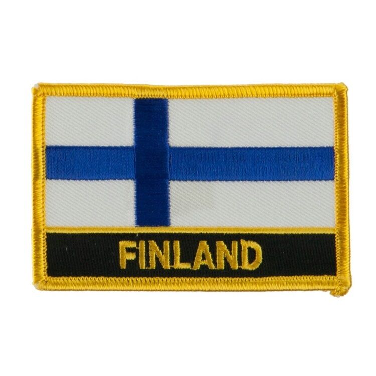 FINLAND FLAG EMBROIDERED PATCH WITH NAME - IRON-ON - NEW 2.5 x 3.5\