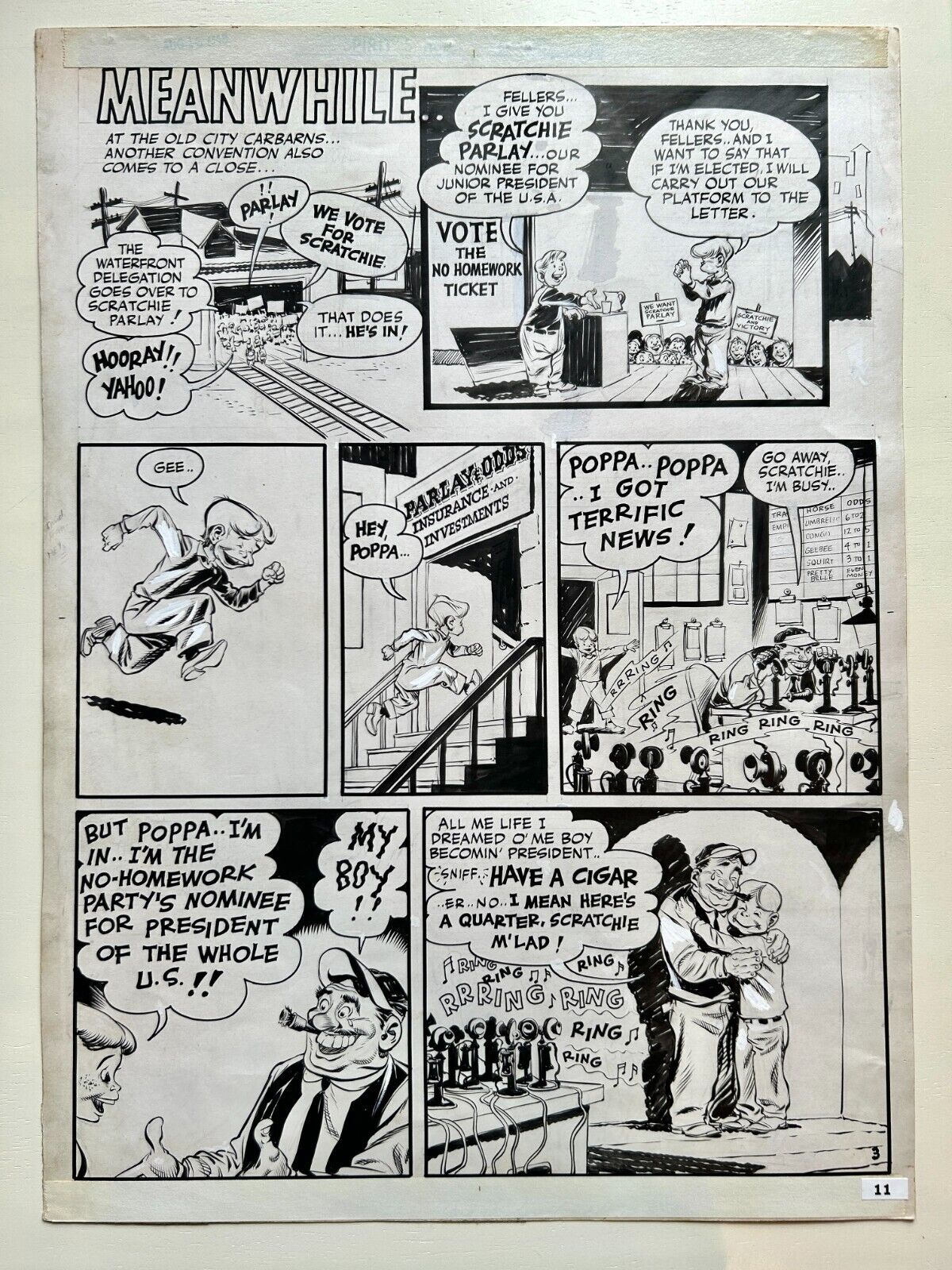 Will Eisner original comic art The Spirit August 15, 1948 p 3 Jr.  Pres Election
