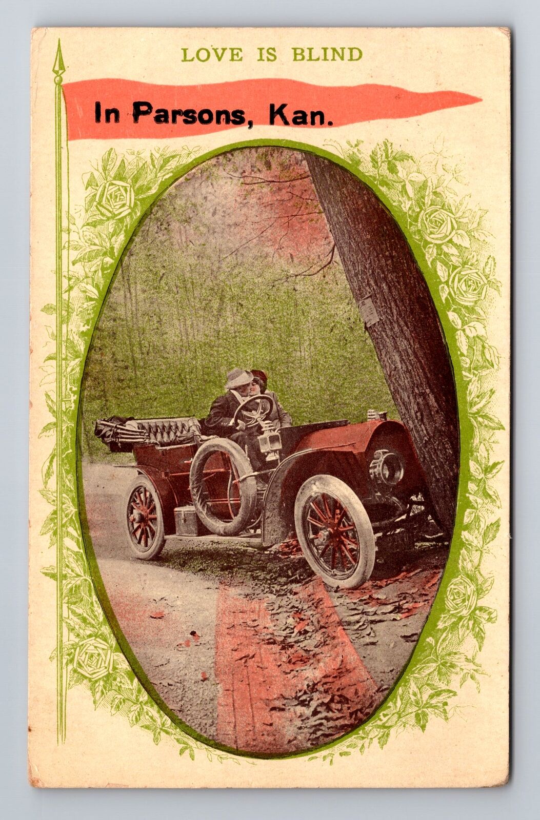 Parsons KS-Kansas, General Greetings Couple In Car, Vintage c1915 Postcard