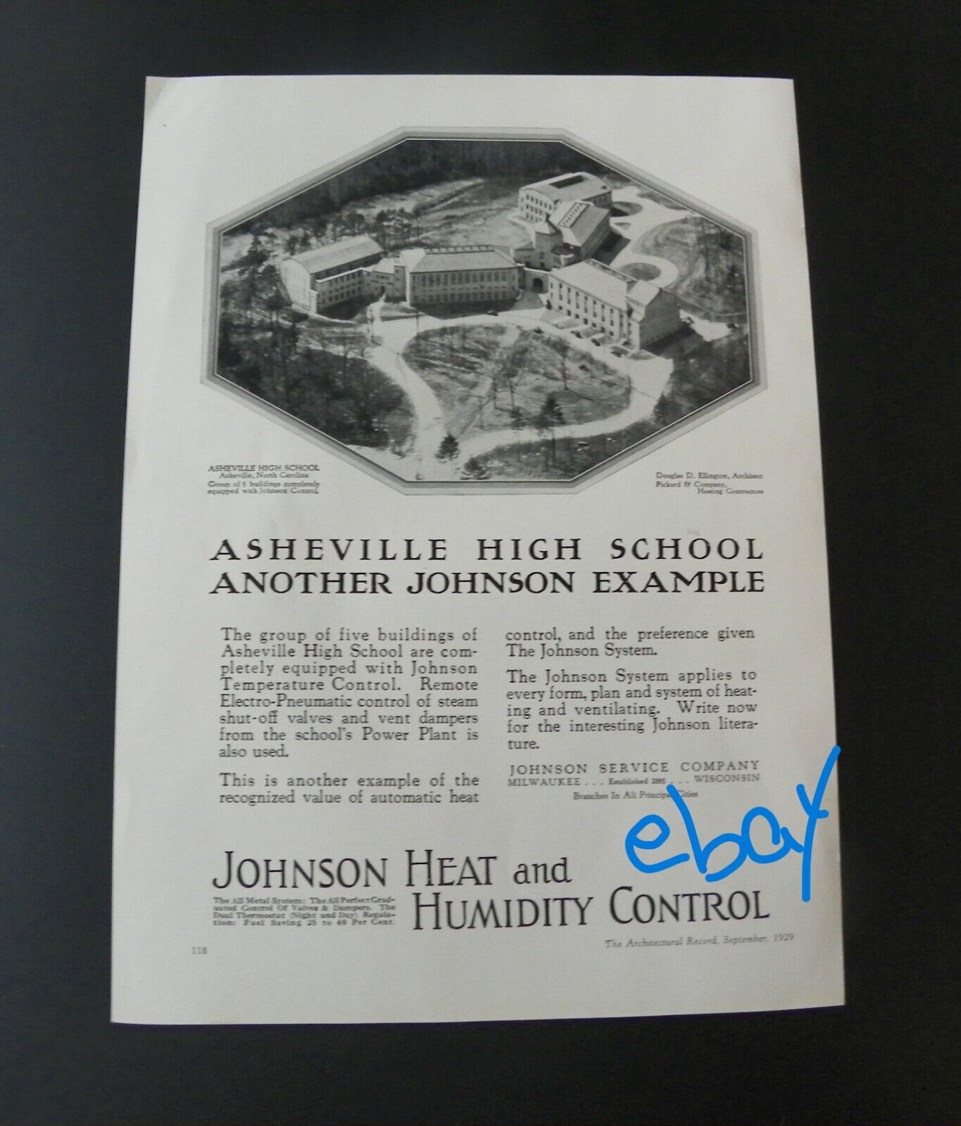 1929 Johnson Heat & Humidity Ad Ashville NC School Pic