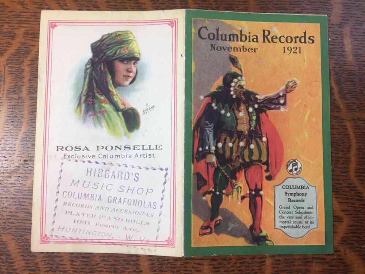 Columbia Records November 1921 Catalog List Rosa Ponselle Hibbards Huntington WV