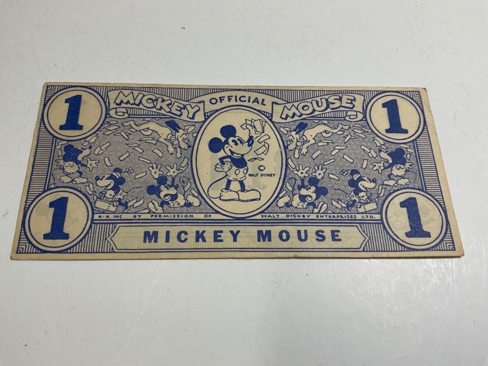1930’s 1 CENT RARE BLUE MICKEY MOUSE CONE DOLLAR COUPON FROM DISNEY-VERY FINE