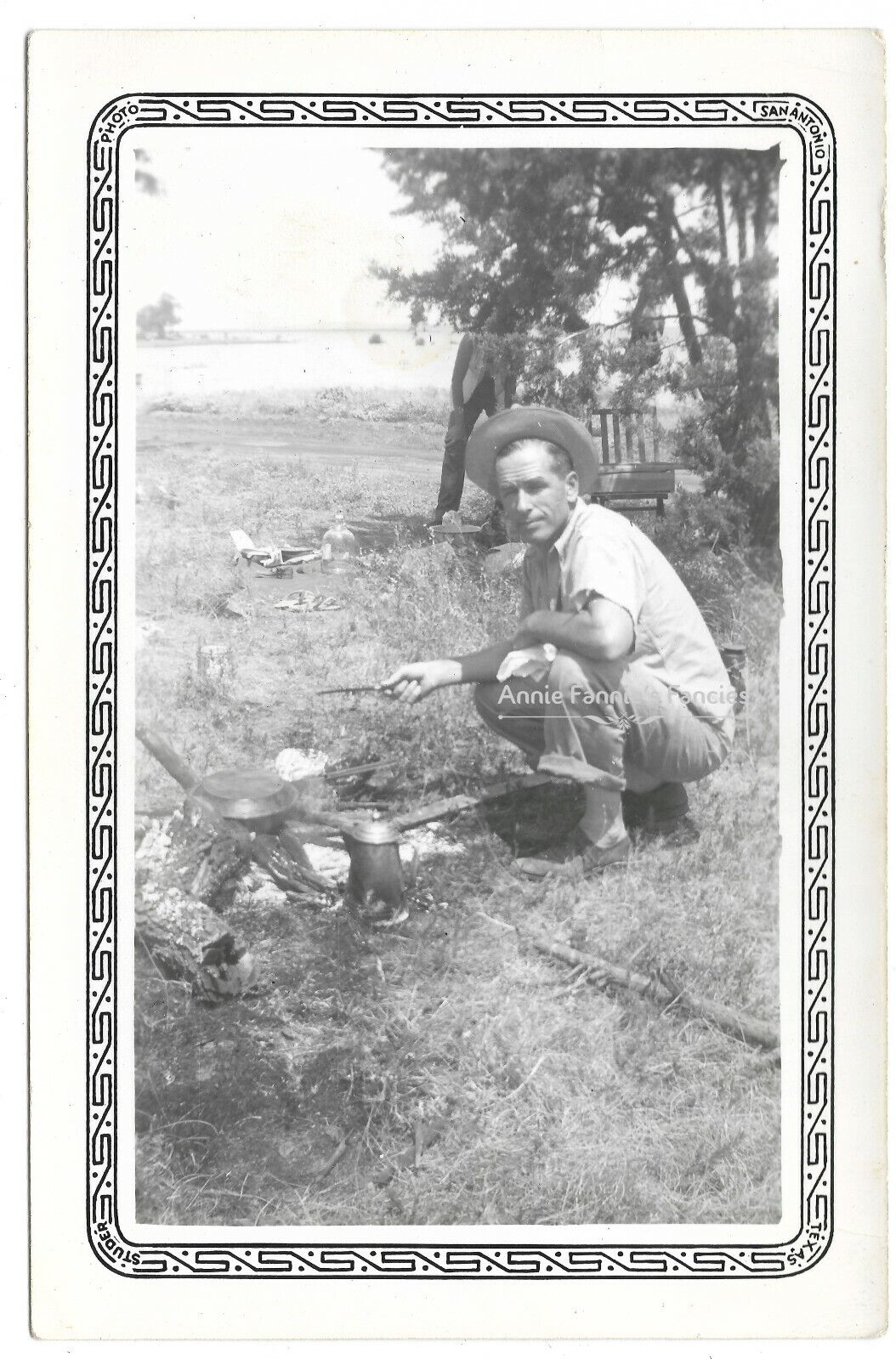 Man in Hat Cooking Campfire Lake Camping Fishing Vintage Found Photo