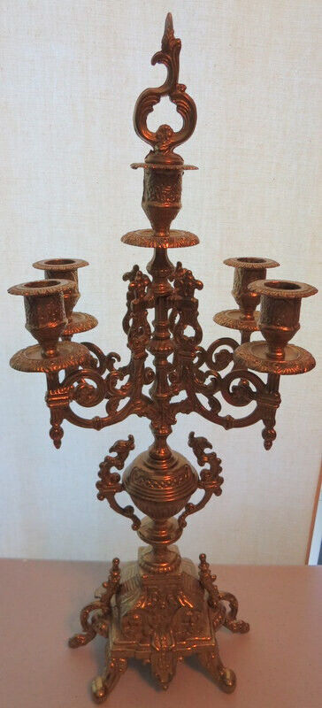 Vintage Brevettato Brass 5-Arm W/ Caps Candelabrum 20” Tall Approx Made In Italy