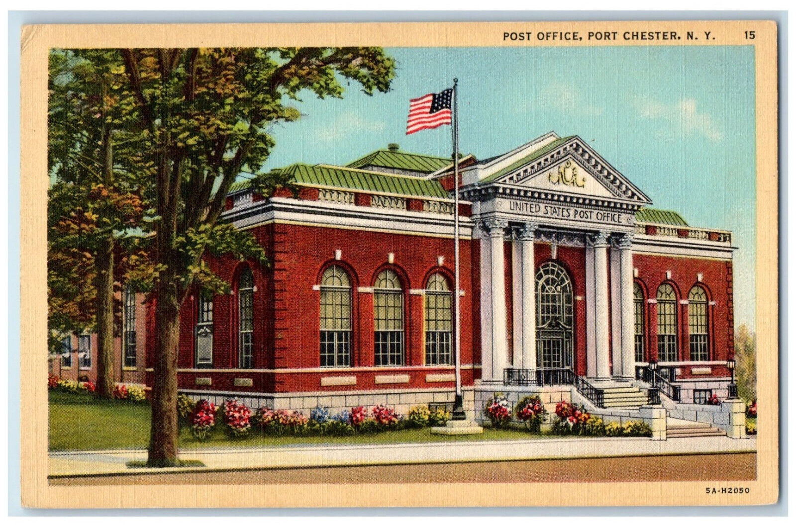 c1940's American Flag, Entrance to Post Office Chester New York NY Postcard