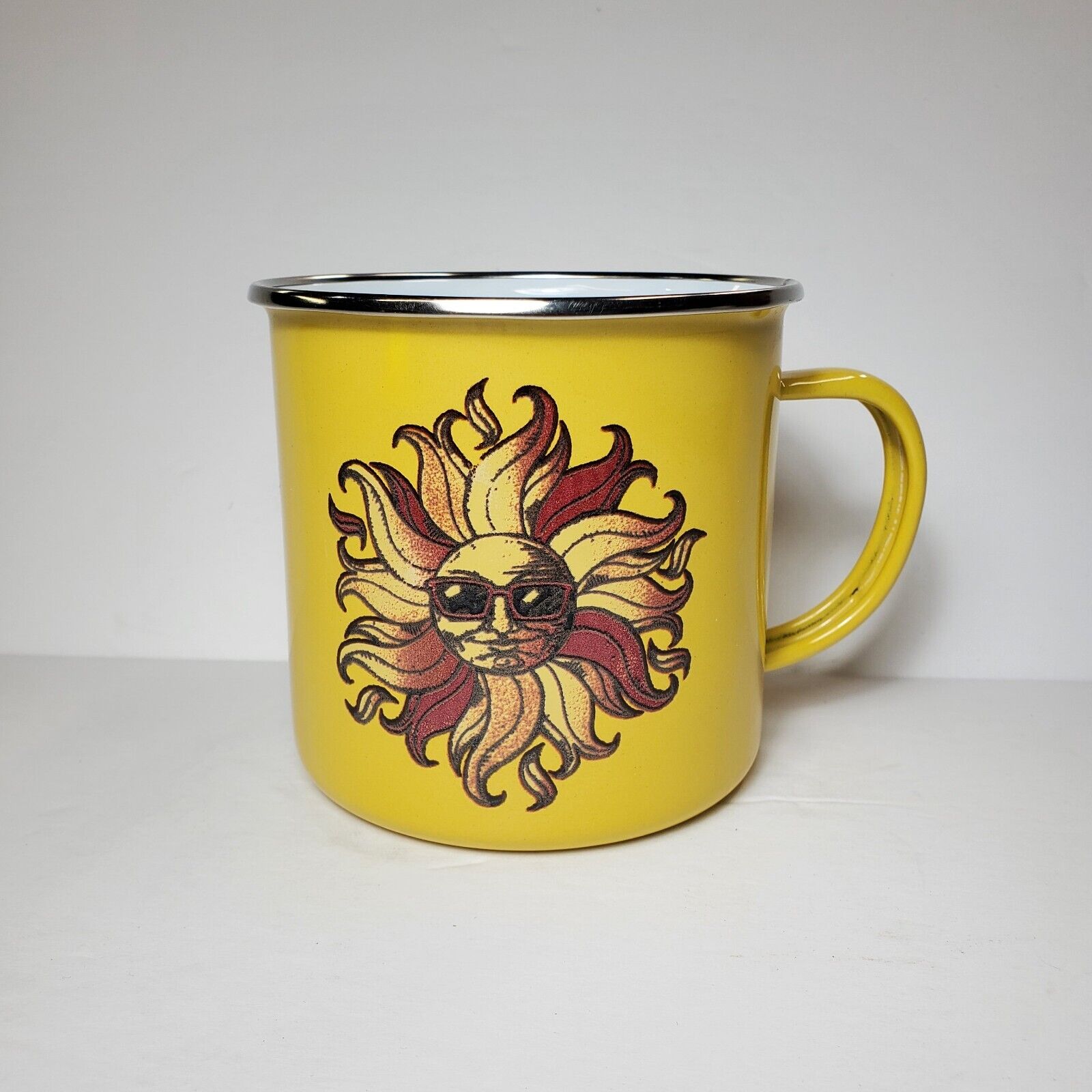 Old Navy Enamel Mugs Yellow Sun design Coffee Tin Large Cups 22 Oz capacity