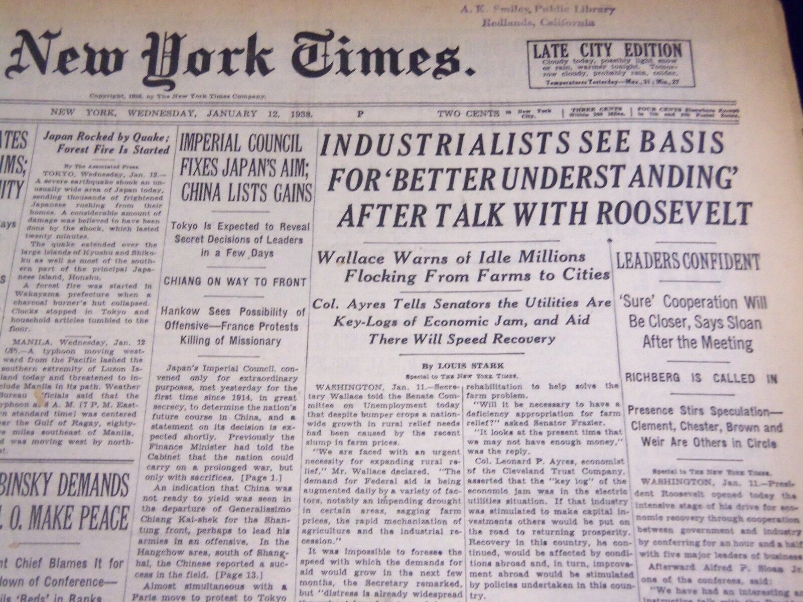 1937 JANUARY 12 NEW YORK TIMES - INDUSTRIALISTS SEE BASIS FOR FDR TALK - NT 728