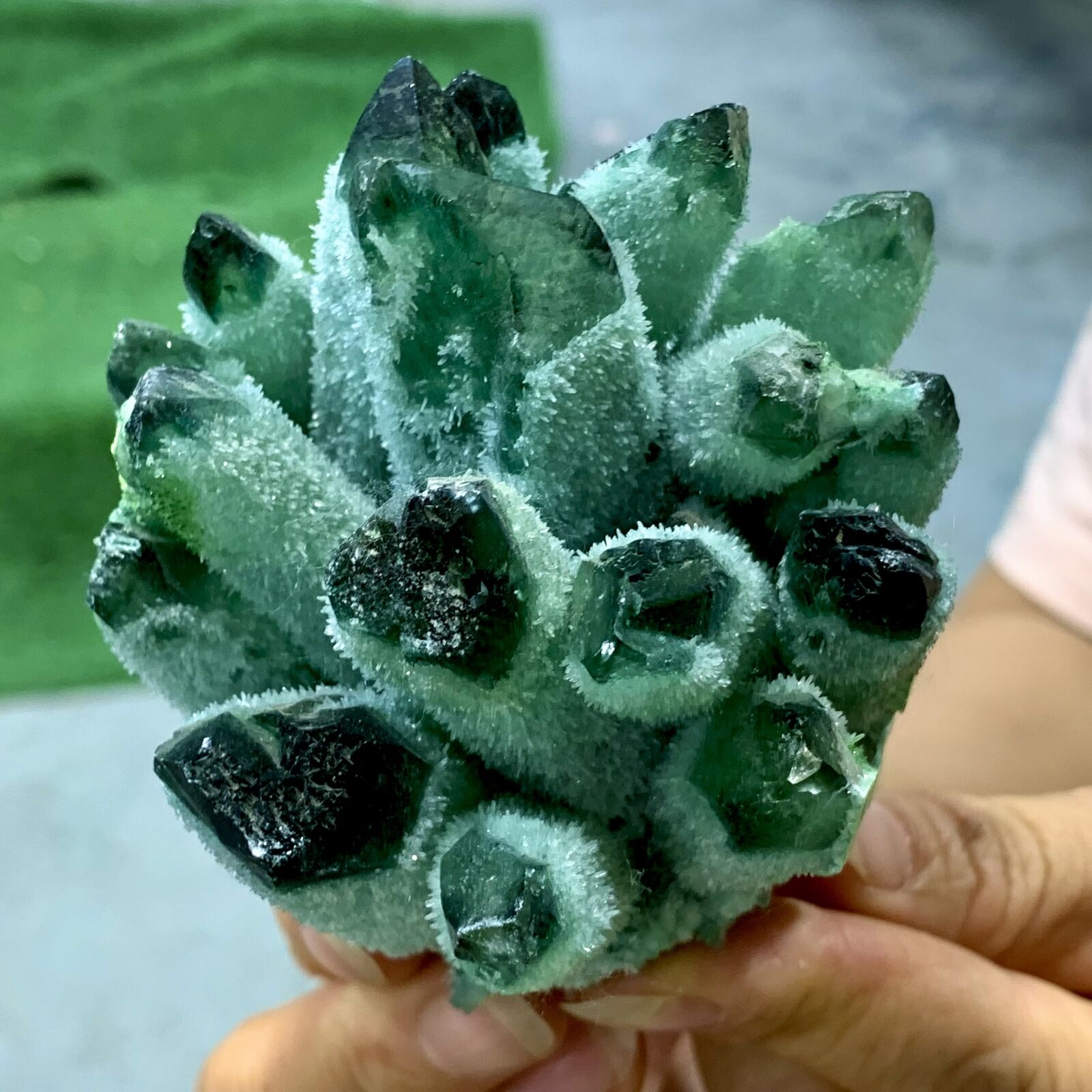389G New Find green PhantomQuartz Crystal Cluster MineralSpecimen