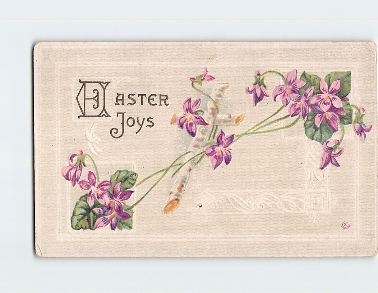 Postcard Embossed Flower & Cross Print Holiday Greeting Card Easter Joys