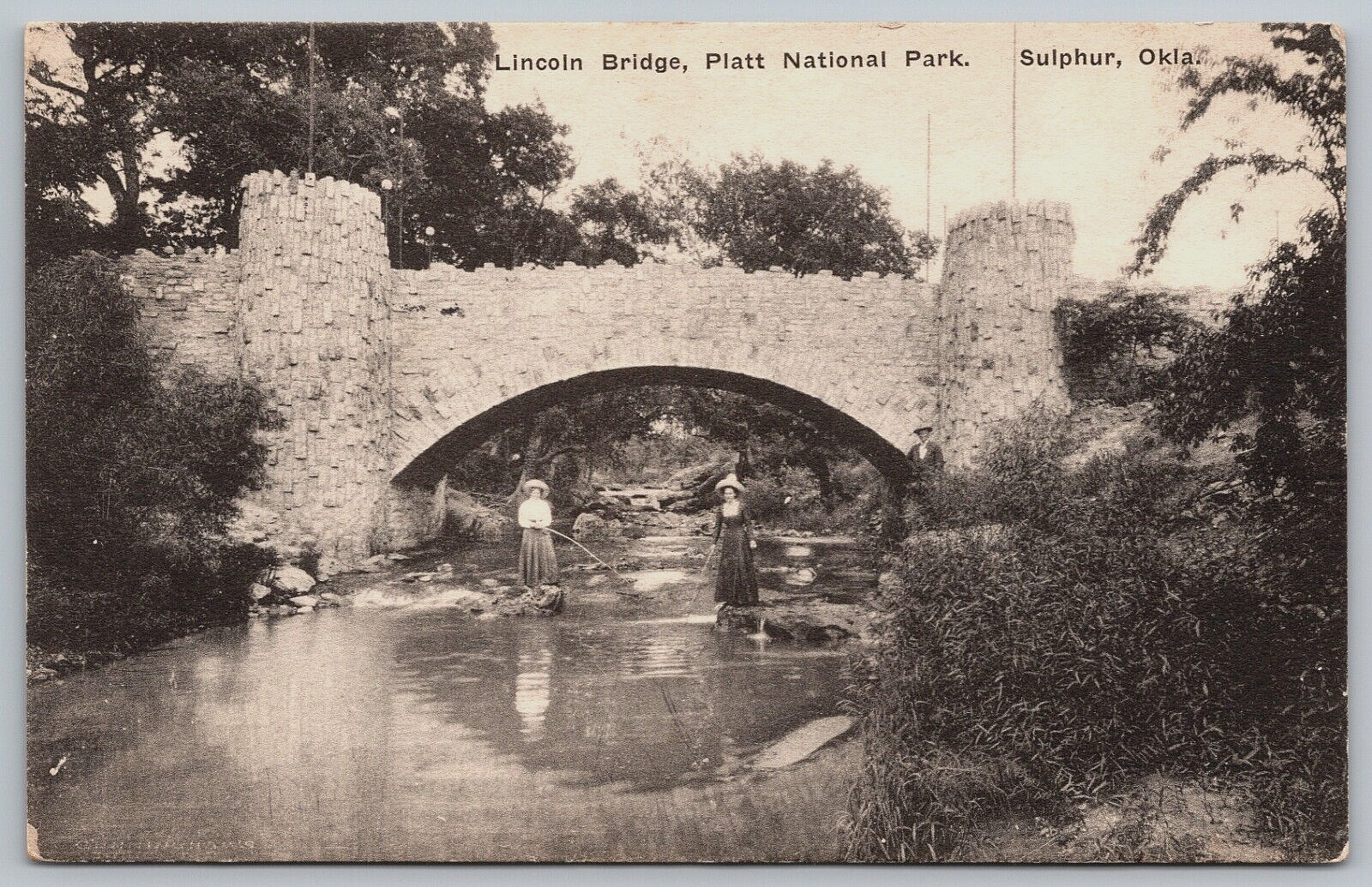 Postcard Lincoln Bridge Platt National Park Women Sulphur Oklahoma Posted 1924