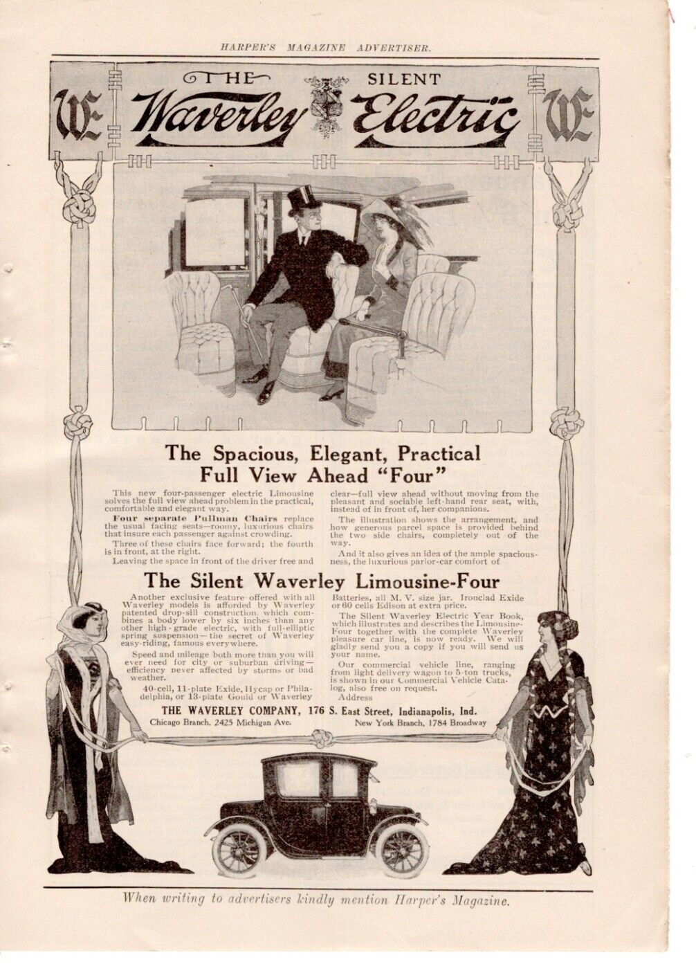 ANTIQUE Print Ad ELECTRIC CAR LIMOUSINE The Silent Waverly Four Full View 1913 
