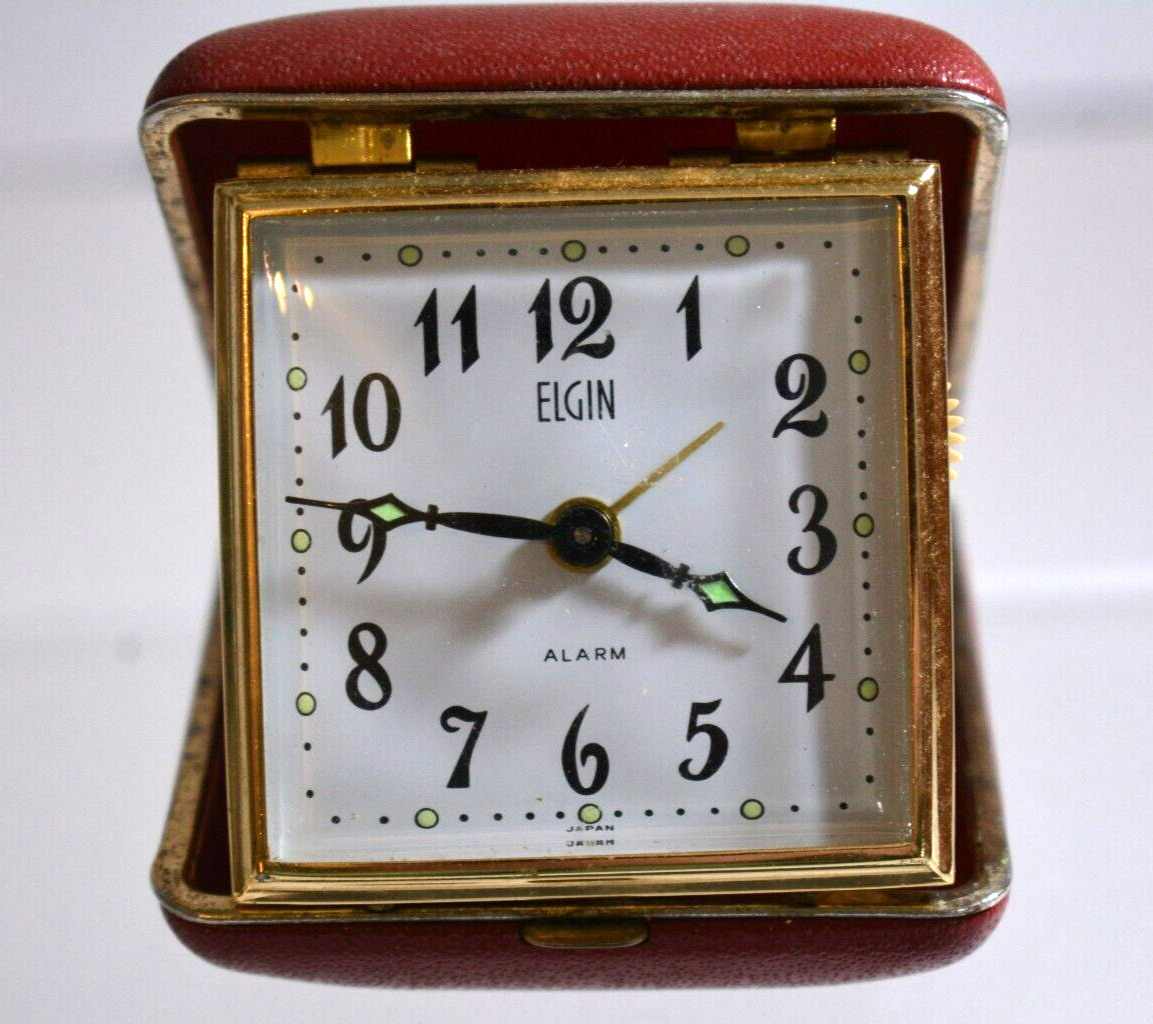 Vintage ELGIN Travel Alarm Clock In Red Case, Japan, Working, Glowing Hands