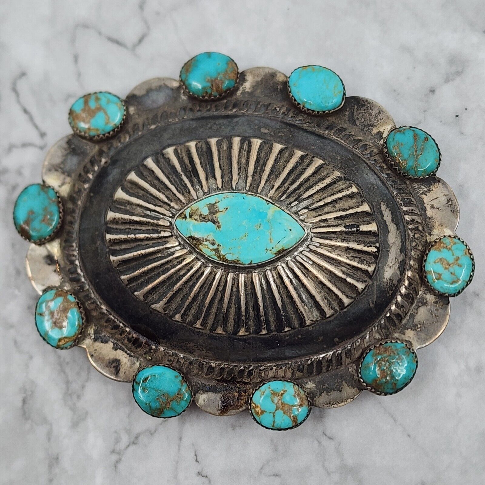 Old Pawn Navajo Sterling Silver Hand Tooled Concho Turquoise Belt Buckle