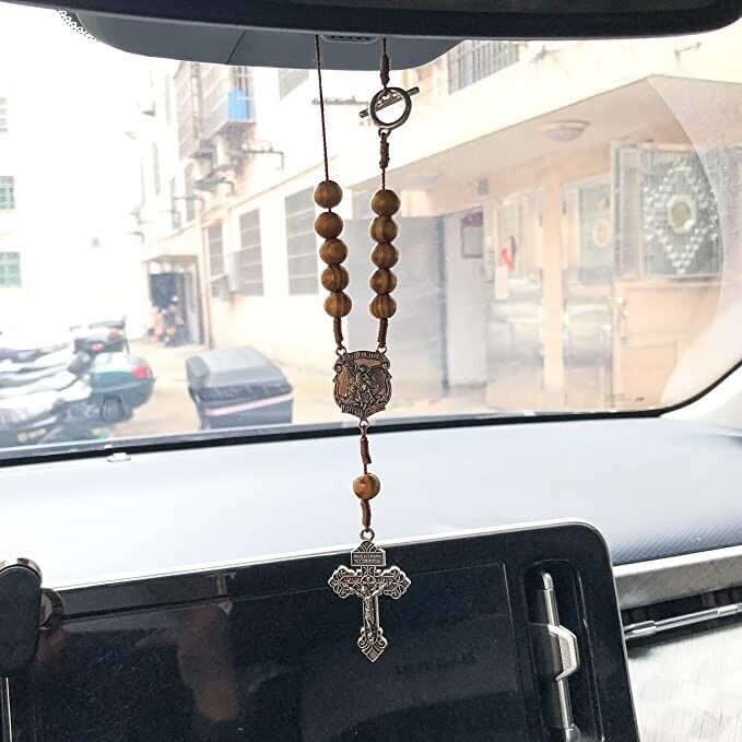 St. Michael Car Rearview Mirror Rosary One Decade Protection Wood Beads