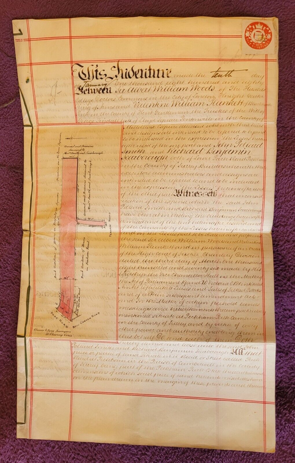 1880 Vellum Indenture. Mentions: Sir Albert William Woods, King of Arms. Lease