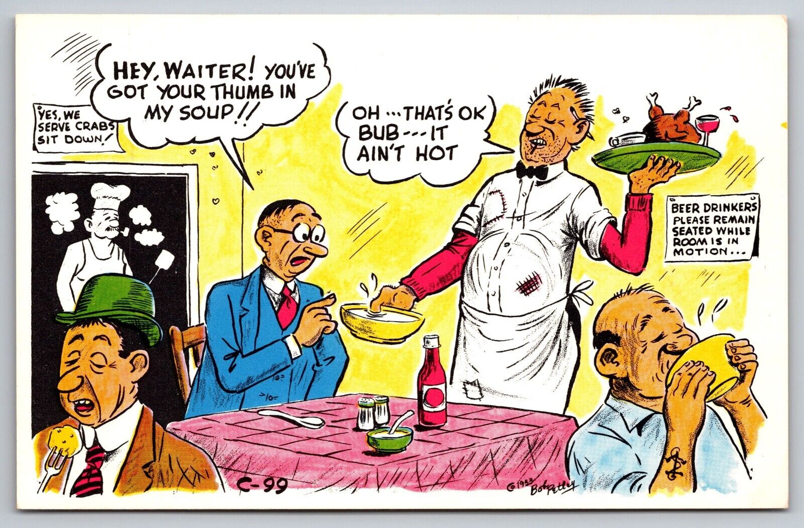 Bob Petley C-99 Waiter Thumb in Soup Diner Laff Card PostCard