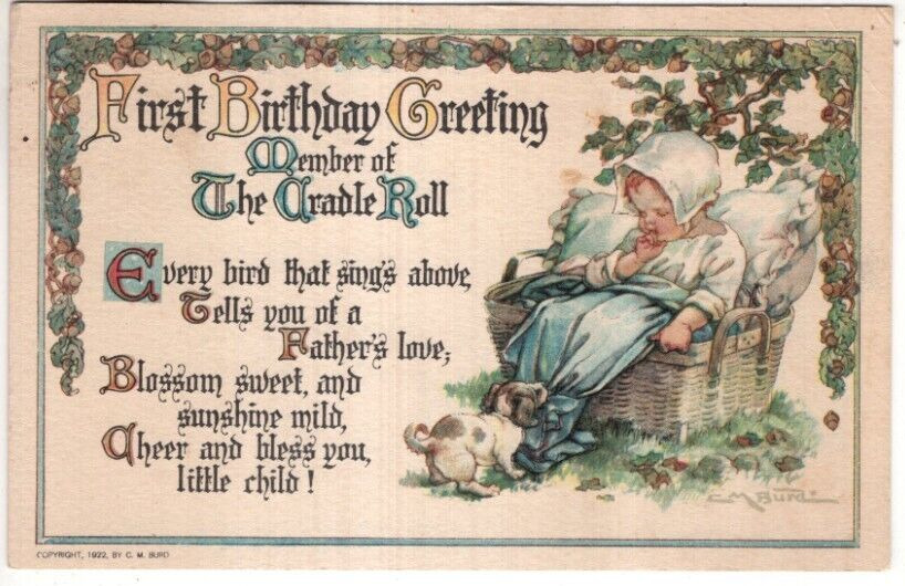 ANTIQUE 1ST BIRTHDAY Postcard   (C. M. BURD)     PUPPY TUGGING AT BABY\'S BLANKET