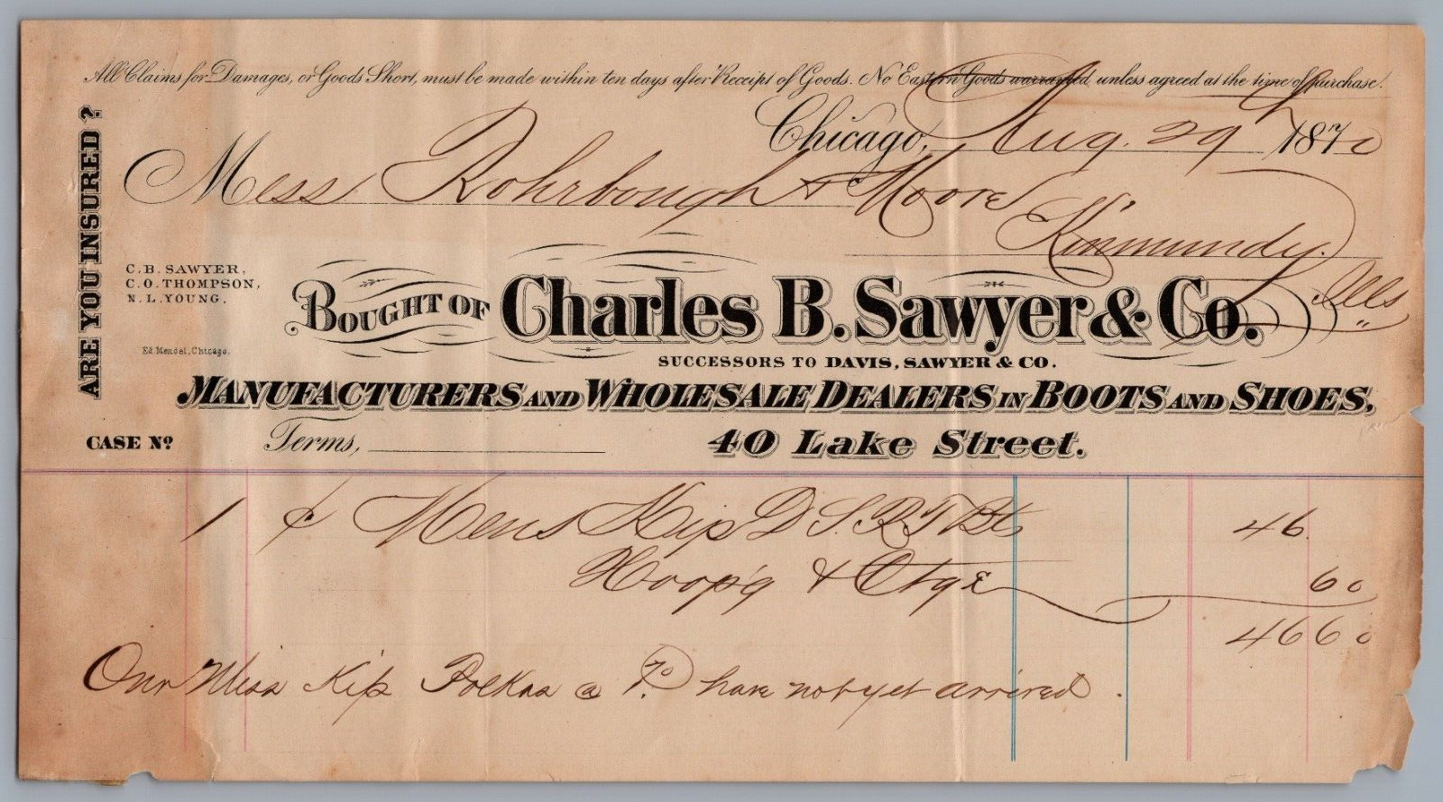 1870 Charles B. Sawyer Co. Chicago Antique Billhead Bill Head Ephemera