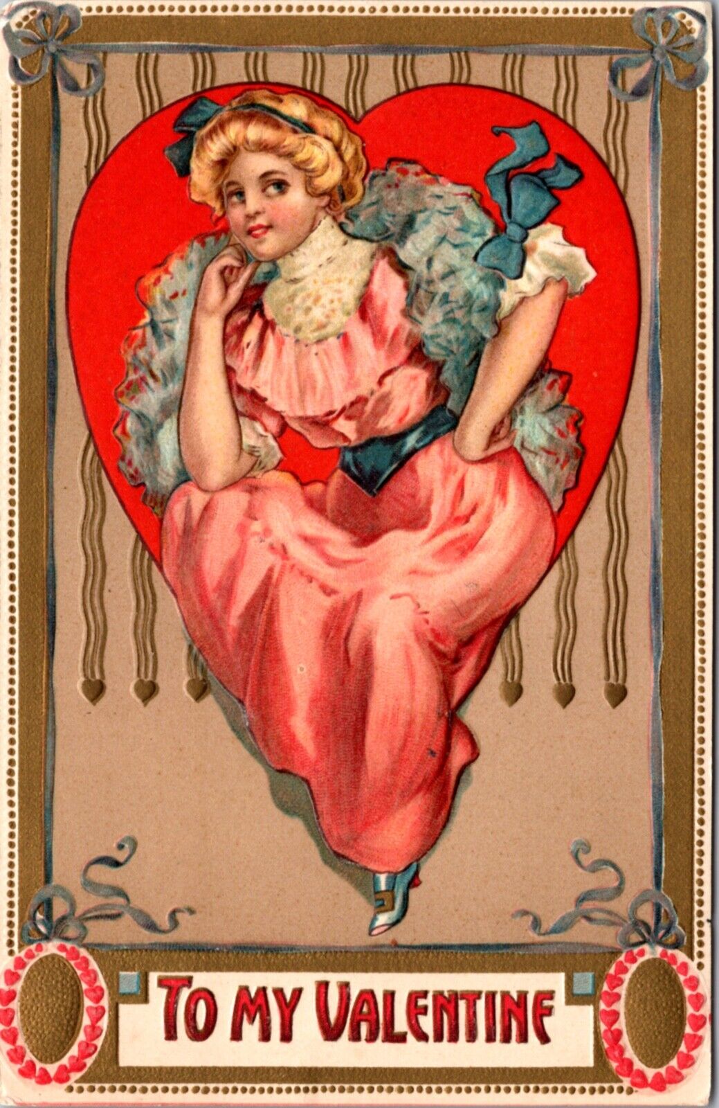 Valentine Postcard Beautiful Well Dressed Woman Inside Red Heart